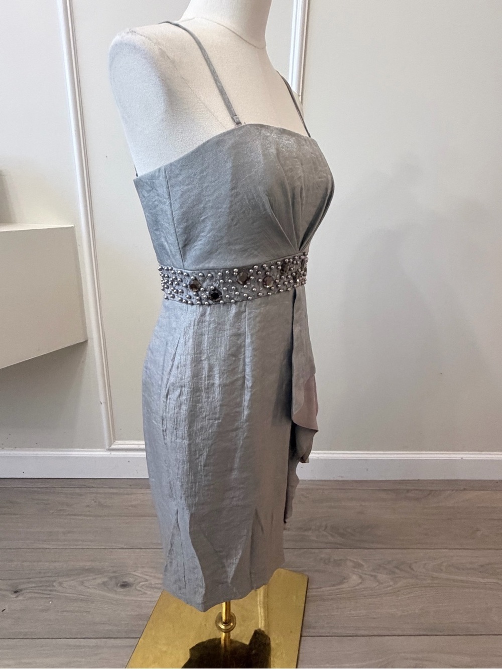 Adrianna Papell Silver Midi Dress with Lilac Ruffle & Jeweled Waistband - Picture 11 of 13